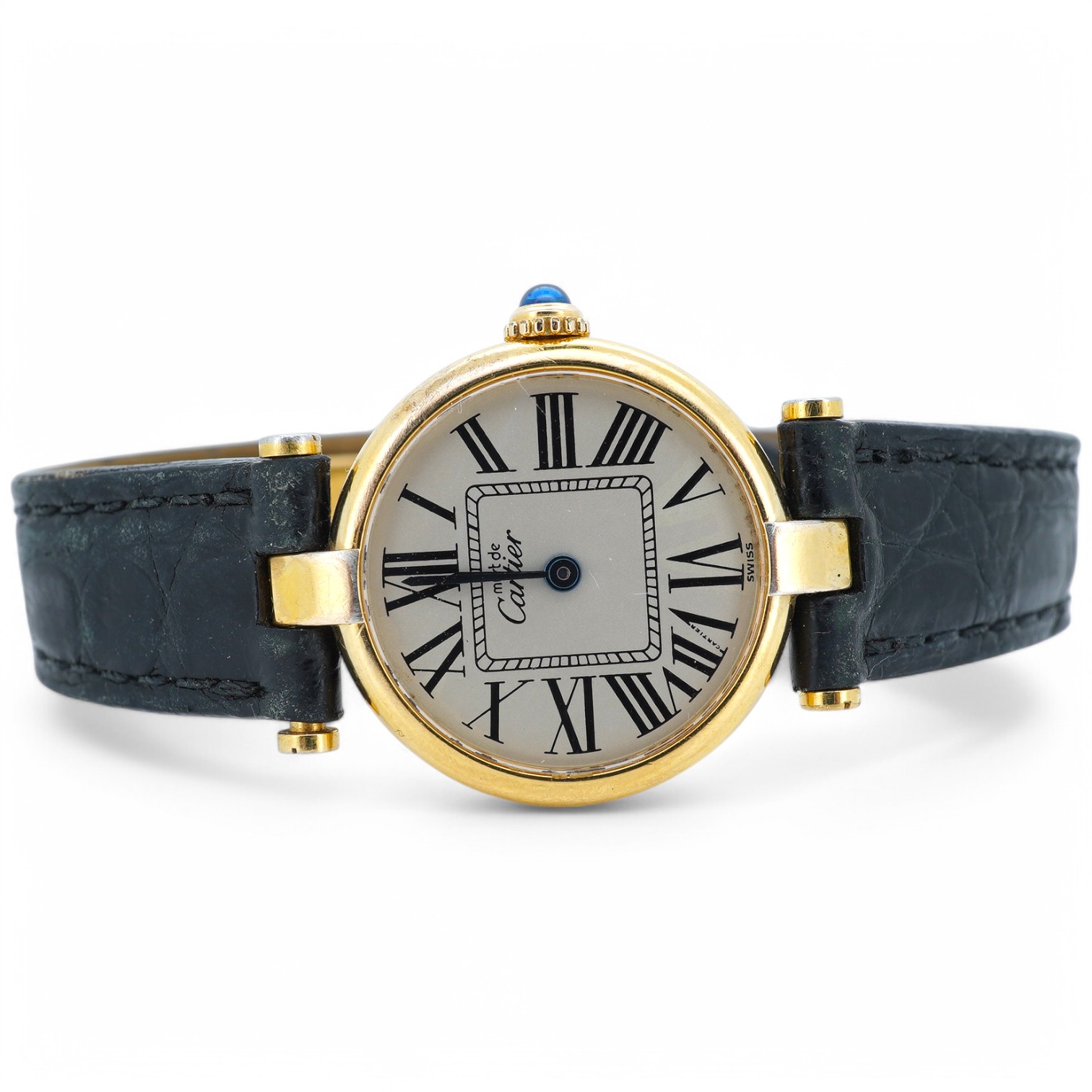 A lady's modern gilt 925 Must de Cartier quartz wrist watch, with circular Roman dial and cabochon set winding crown, case diameter 24mm, no box or papers. Condition - not running otherwise fair